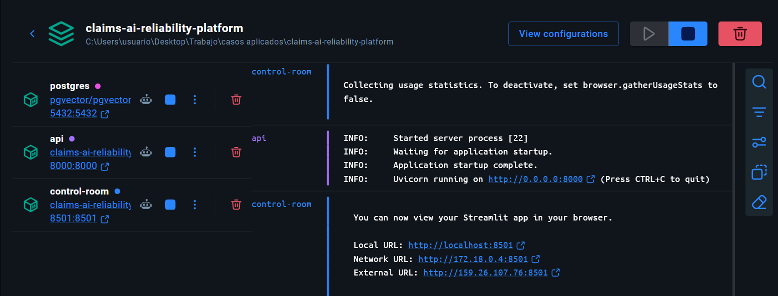 Docker Compose runtime showing packaged services for the Claims AI Reliability Platform