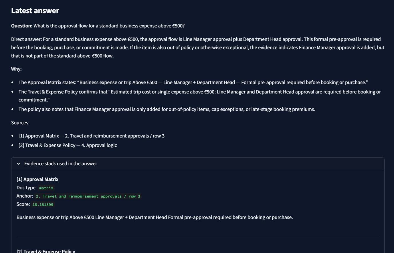 Grounded answer example for an approval question in the Northstar knowledge assistant