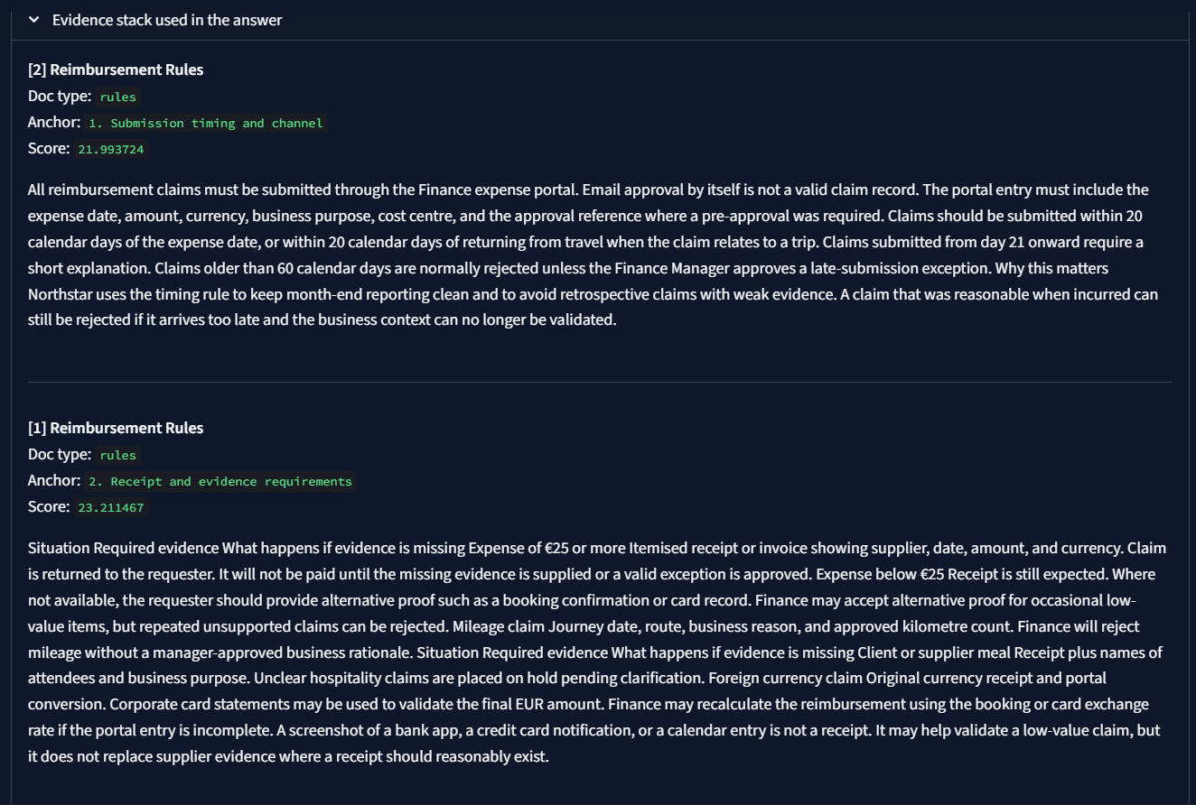 Evidence stack and cited sources in the Northstar knowledge assistant